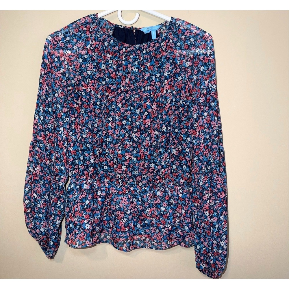 Draper James Ditsy Floral Chiffon Peplum Blouse Puff Sleeve XS Navy Cottagecore